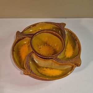 CALIFORNIA POTTERY Vintage MCM Divided Serving Dish Set With Wooden Lazy Susan